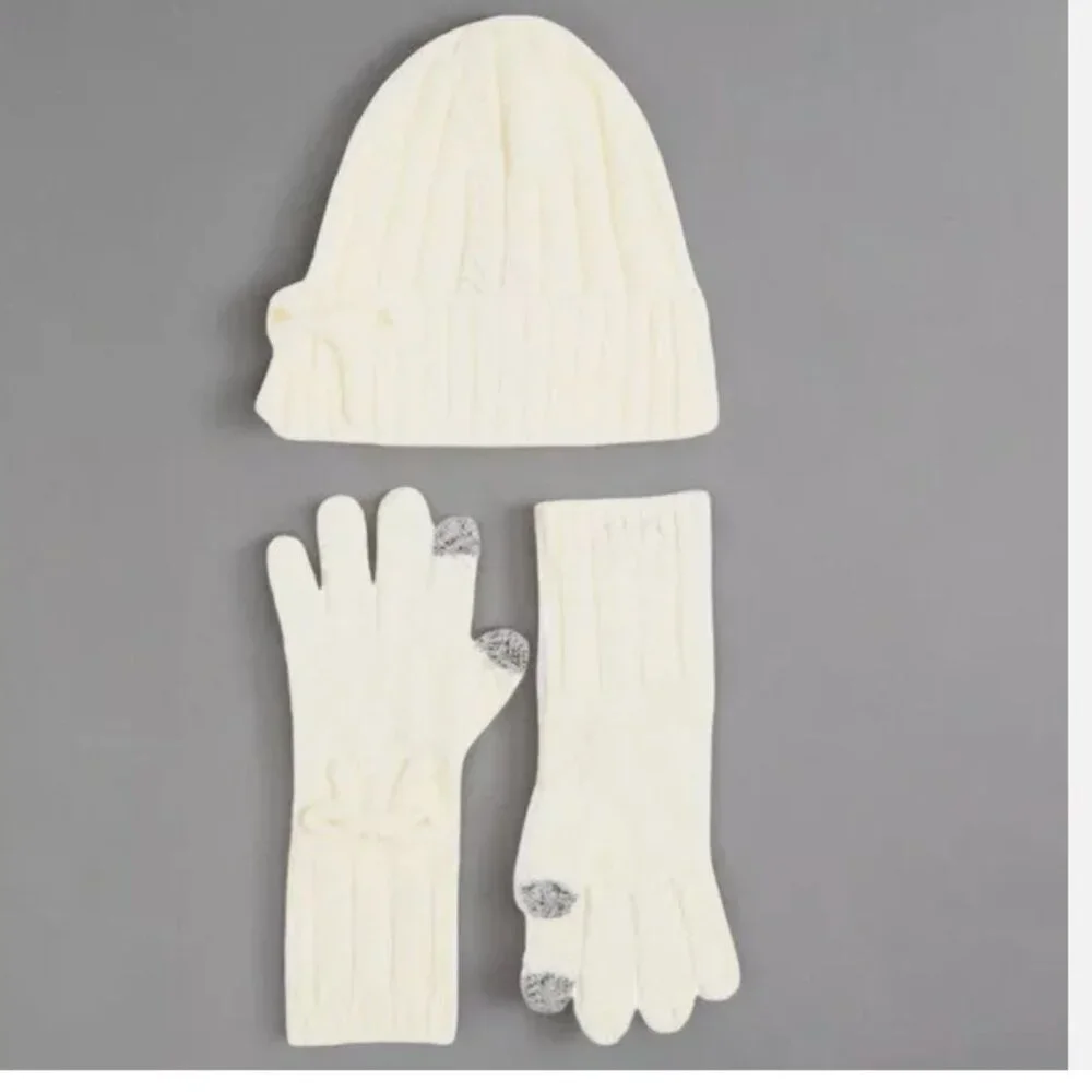 NWT NIB kate spade new york bow beanie and gift box French Cream One Size